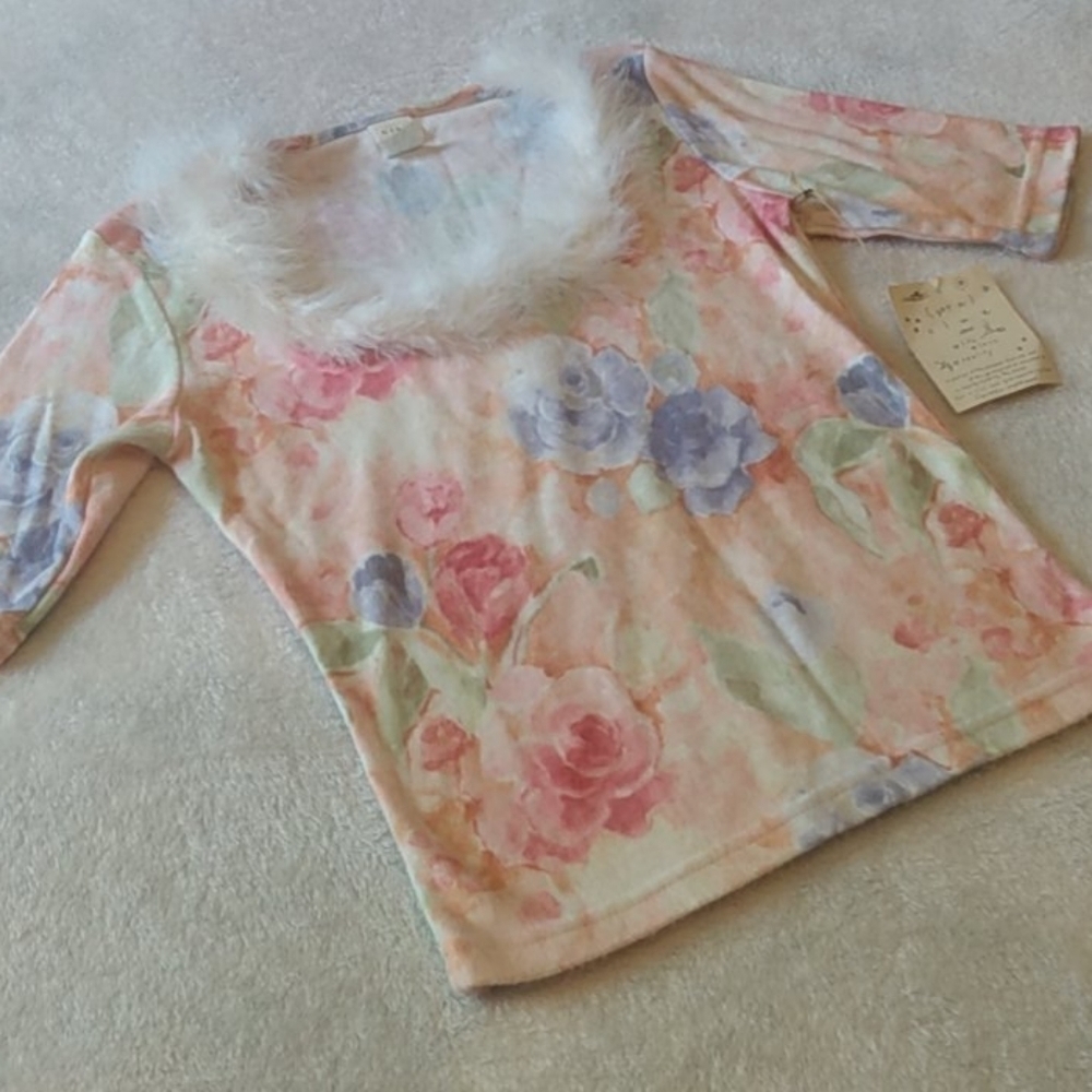Vintage 90's 976 Clue Pink Floral Print Feather Boa Sweater NWT
